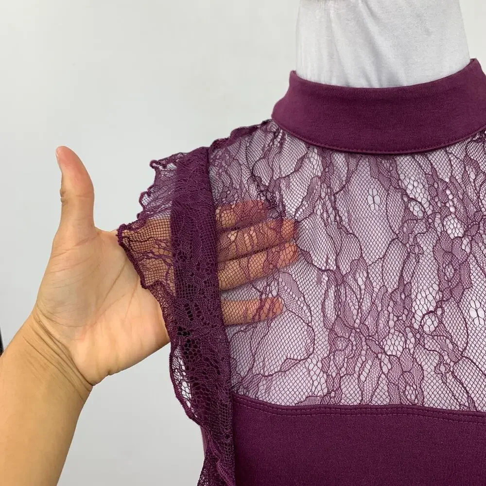Free People Dress Women M Medium Eggplant Beaumont Muse Ruffled Lace Trim Sheath
